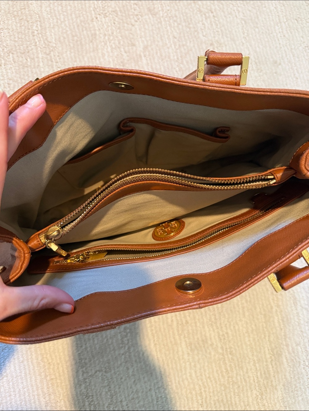 Tory Burch Cognac Leather Double-Handle Tote - Picture 5 of 6